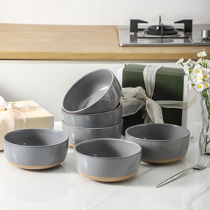 HASENSE 30 OZ Porcelain Soup Bowls, 6" Cereal Bowls - Dark Gray Ceramic Bowls Set of 6 for Soup, Cereal, Oatmeal, Fruit, Rice - Dishwasher & Microwave Safe