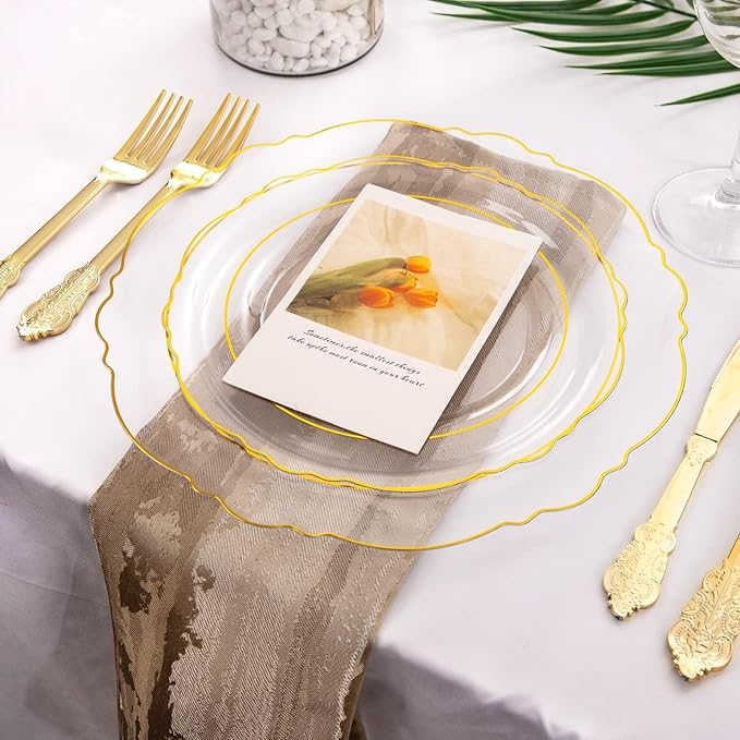 WDF 100pcs Clear Disposable Plastic Plates With Gold Trim - Baroque Clear Gold including 50PCS Dinner Plates 10.25inch and 50PCS Salad Plates 7.5inch for Wedding Birthday Valentine's Day