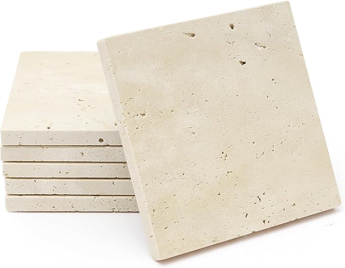 Square Travertine Coasters Set of 6, Porous Natural Stone Absorbent Coaster with Velvet Backing for Table Protection, Rustic Beige Marble Coasters for Home Table Decor, 4 Inches