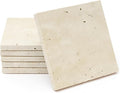 Square Travertine Coasters Set of 6, Porous Natural Stone Absorbent Coaster with Velvet Backing for Table Protection, Rustic Beige Marble Coasters for Home Table Decor, 4 Inches