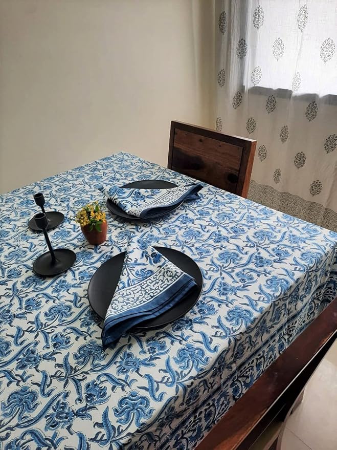 ATOSII Midnight Bloom 100% Cotton Summer Tablecloth, Block Print Blue Rectangle Table Cloth for Dining Table Parties Wedding Outdoor Decor 60 X 108 Inches I 8 Seater I Memorial Day