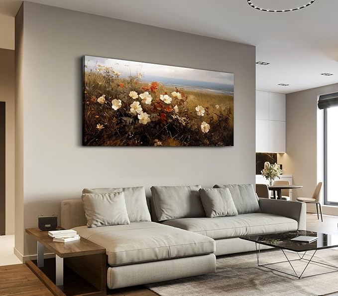 ADJUVANT Wall Art Vintage Coastal Wildflower Field 60"L x 30"W, Seaside Meadow With White And Orange Blooms Canvas Painting Nature Artwork Retro Floral Prints Botanic Wall Decor for Living Room Bedroom