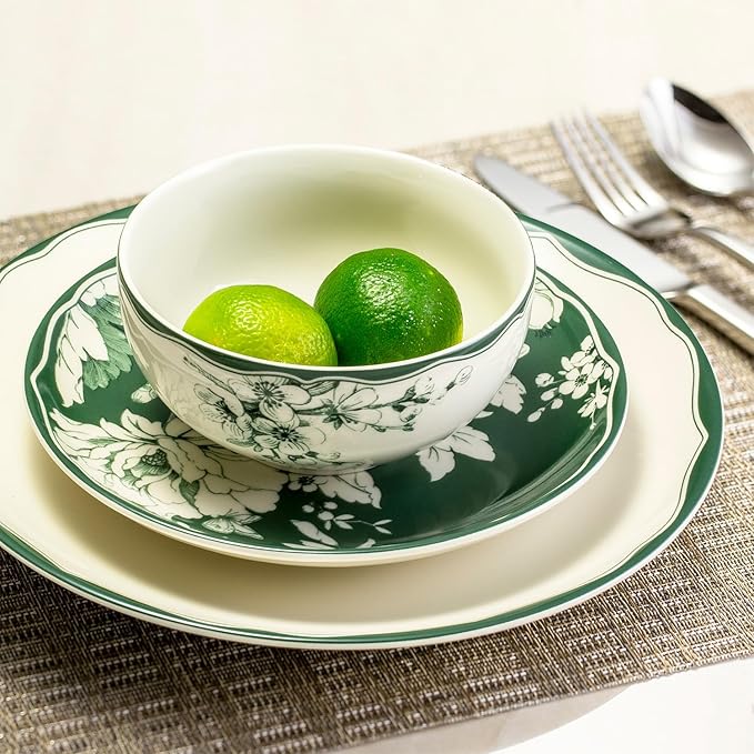 222 Fifth 12-Piece Porcelain Dinnerware Set for 4, White & Sage Green Plates and Bowls Set, Glossy Ceramic Dish Set with Detailed Floral Design, Microwave & Dishwasher Safe Dishes for Dining, Brittany