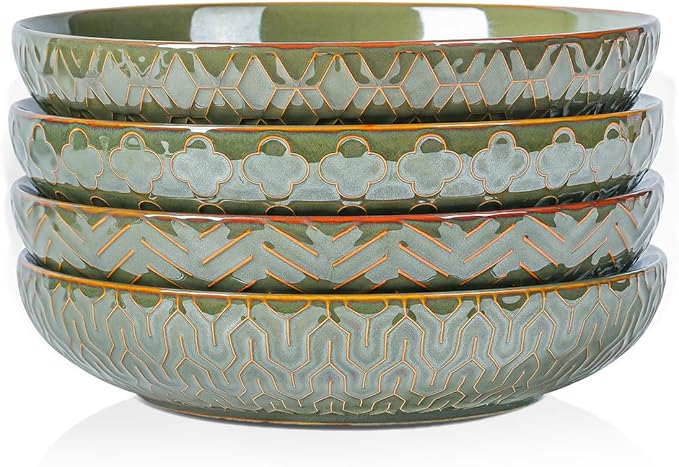 Sureasy 9.7" Pasta Bowls Set of 4-42 oz Large Salad Bowls for Kitchen, Embossed Ceramic Serving Bowls for Fruits, Soup, Pasta and Salad, Microwave & Dishwasher Safe, Green