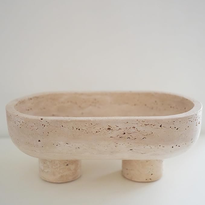 WILD WORKS Travertine Fruit Bowl, 10.2" Oval Beige Stone Serving Bowl for Kitchen Counter & Dining Table, Handcrafted Decorative Centerpiece with Non-Slip Feet for Home Decor