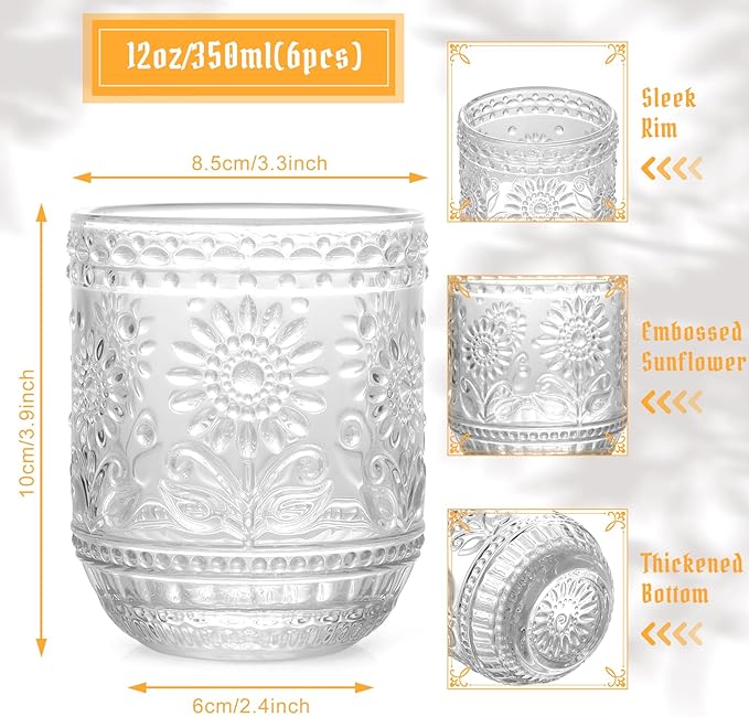 Topsky Clear Vintage Drinking Glass Set of 6,12 oz Embossed Floral Decorative Glassware Set,Glass Cups Wine Glasses Beverages Tumblers Colored Glassware for Whisky,Beer,Juice,Cocktail,Heavy Duty