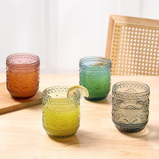 4 Pack 12 Oz Vintage Glassware Drinking Glasses Set, Embossed Floral Decorative Glassware Set for Whiskey, Beer, Juice, Wine（Transparent）