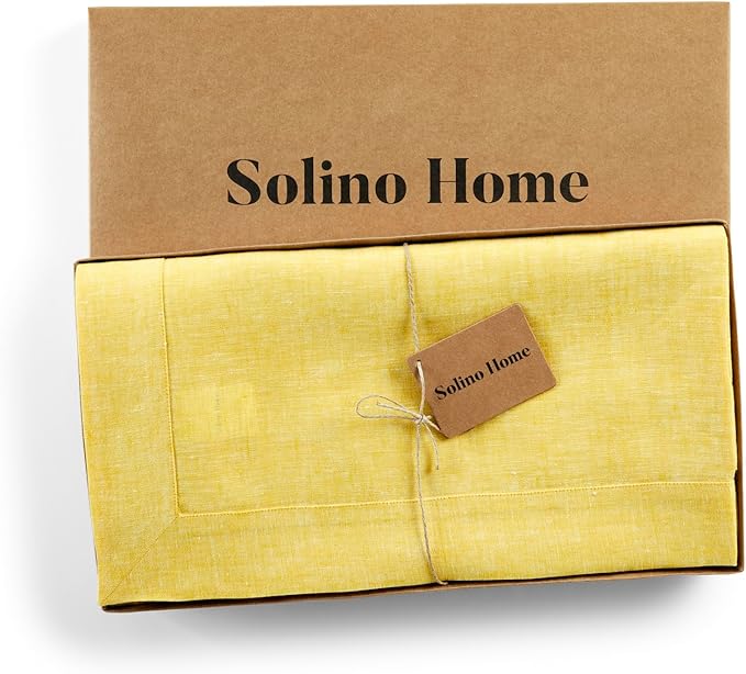 Solino Home Linen Tablecloth 60 x 90 Inch - 100% Pure Linen Chambray Lemon Yellow Table Cloth for Rectangular Tables - Athena, Machine Washable Cloth Tablecloth for Spring, Easter