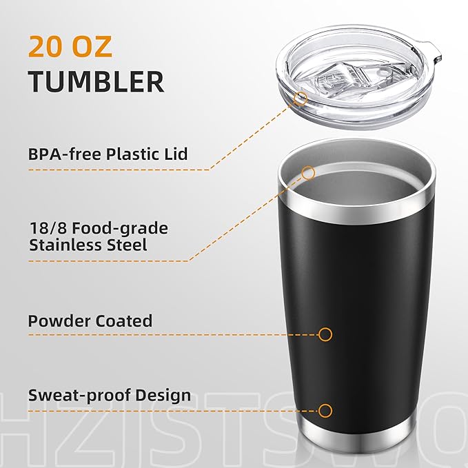 20 oz Tumbler Bulk with Lid Stainless Steel Insulated Tumblers Double Wall Vacuum Coffee Mug Powder Coated Tumbler Cups for Cold and Hot Drinks, Black, 6 pack