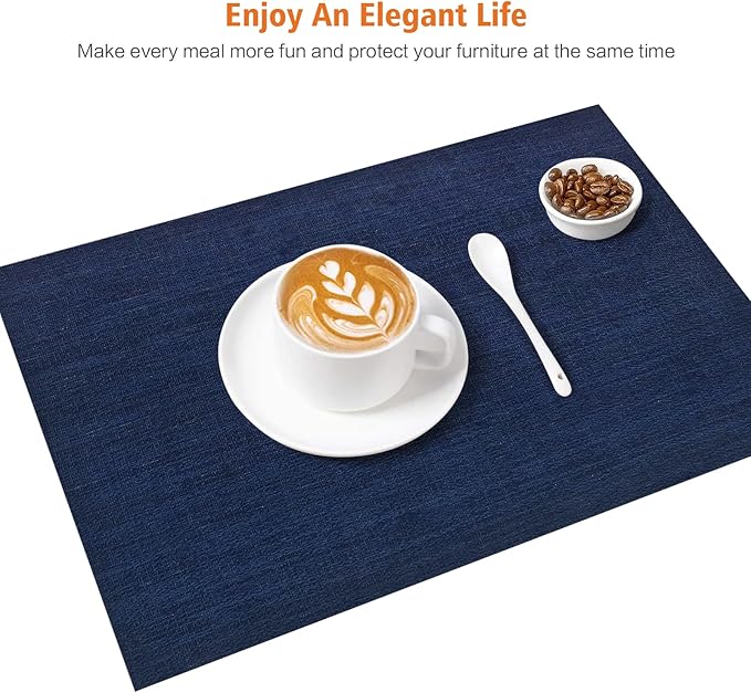 Placemats Set of 8,Washable,Heat and Stain Resistant Indoor/Outdoor Place mats,Vinyl Woven Non Slip Table Mats for Restaurant Table Protection,PVC Placemats(Navy Blue,8PCS)
