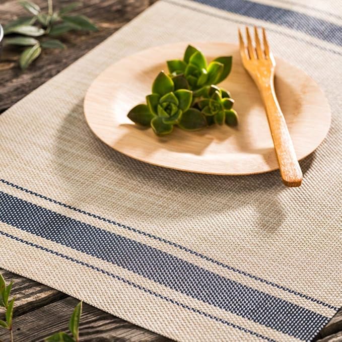 Restaurantware French Countryside 16 x 12 Inch Dining Table Placemats Set Of 6 Heat-Tolerant Kitchen Table Mats - Navy Stripe No Stain Khaki Vinyl Woven Rectangle Placemats Easy To Clean