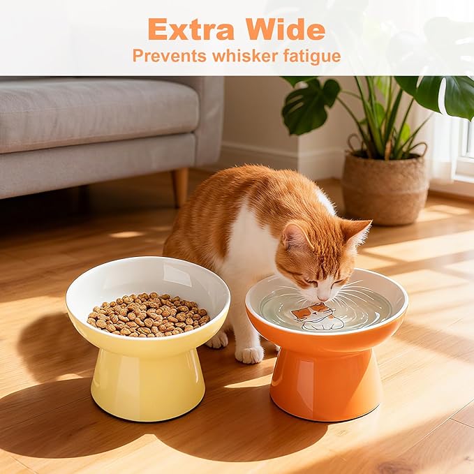 Elevated Cat Bowls,2 Pcs Ceramic Raised Cat Food Bowls with Non-Slip Base,Whisker-Friendly Shallow Design,Lead & Cadmium Free Pet Feeder,Dishwasher and Microwave Safe (Orange&Yellow)