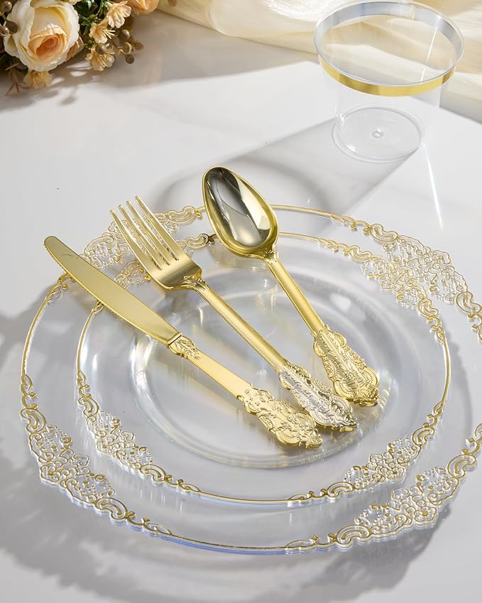 Goodluck 350 Piece Clear Gold Plastic Dinnerware Set for 50 Guests, Fancy Disposable Plates, Include: 100 Gold Rim Plastic Plates, 150 Silverwares, 50 Pre Rolled Napkins, 50 Cups for Party, Wedding