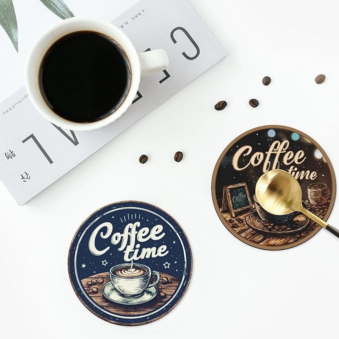 Coffee Coasters for Drinks with Holder Round Leather Coasters Set of 6 Cups Mugs Mat Pad for Home Kitchen Bar