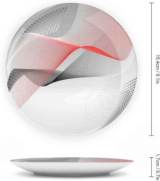 Decorative Plates, Abstract Print Ornament, Modern Geometric Squares Dots Curves Waves, 10 Inch, 1 Plate with 1 Display Stand, Red Grey Black
