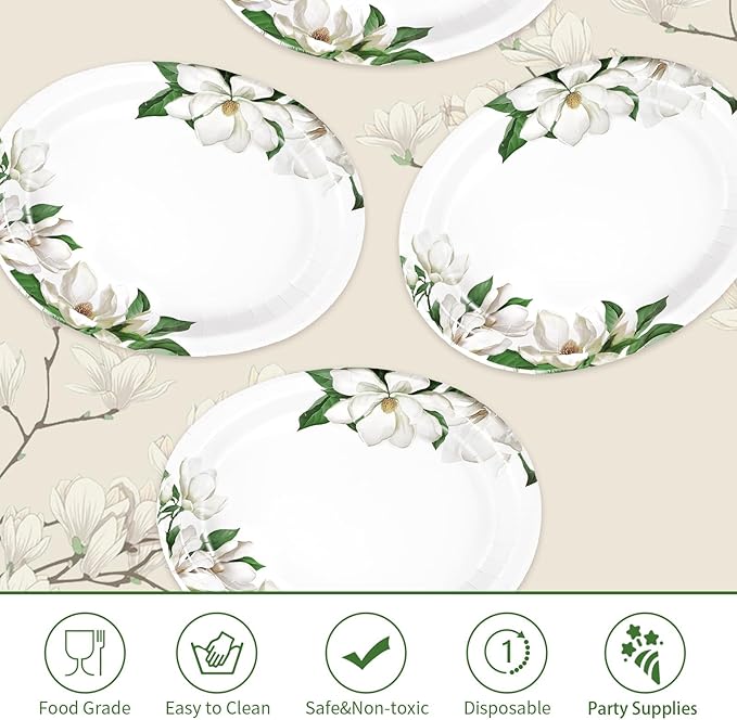 50 Pcs Magnolia Floral Oval Paper Plates Large 10"x12" White Magnolia Floral Plates Disposable Heavy Duty White Flowers Green Leaf Plates for Spring Wedding Bridal Shower Decor Birthday Party Supplies