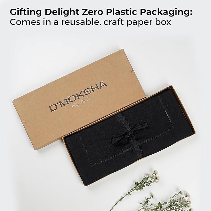D'Moksha Homes Linen Black Table Runner 108 Inches Long - 100% Pure Linen 14 x 108 Inch Table Runner for Spring, Easter - Classic Hemstitch