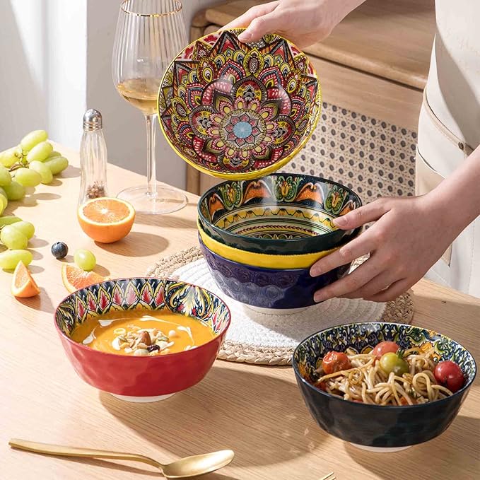 Henten Home Ceramic Soup Bowls Set of 6, 25 oz Porcelain Cereal Bowl Set, Colorful Bohemian Style Serving Bowls for Salad, Pasta, Oatmeal, Microwave & Dishwasher Safe