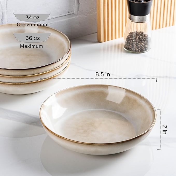 AmorArc 8.5'' Large Pasta Bowls, 36oz Ceramic Salad Serving Bowls Set of 4 for Kitchen, Wide Stoneware Bowls for Pasta,Salad,Fruit,Bread, Microwave Safe, Cappuccino