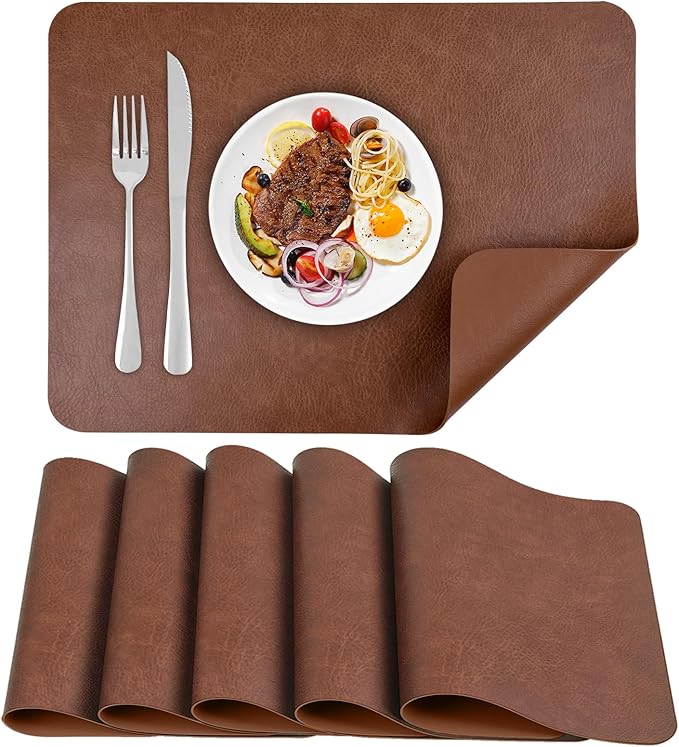 AAPLKER Faux Leather Placemats Set of 6, Vinyl Placemats Wipeable Waterproof Oil-Proof Table Mats, Heat Resistant Place Mats, Table Mats for Kitchen Indoor Outdoor, 15.8 x 11.8 inches (Brown)