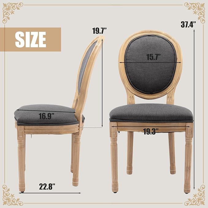 SoarFlash French Dining Chairs Set of 2, Vantage Dining Chair with Round Back, Wood Leg Farmhouse Country Dining Chair for Kitchen,Bedroom,Deep Grey