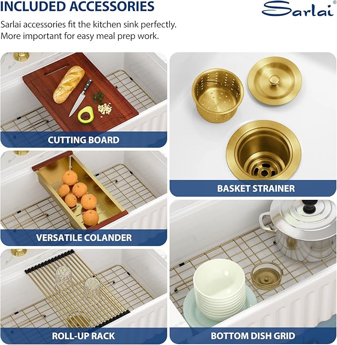 Sarlai White Farmhouse Sink - 33 Inch Farm Kitchen Sink Undermount Workstation Apron Front Reversible Ceramic Fireclay Single Bowl Farmer Sinks Basin 33 x 20 Inch With Gold Accessories