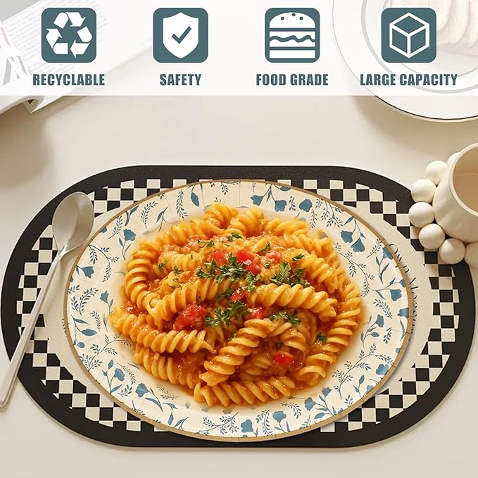 Oval Disposable Paper Plates 50 Count, Heavy Duty Disposable Plates Dinner Plate Microwavable Plates For Everyday Breakfast, Lunch & Dinner Meals (Floral Pattern)
