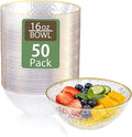 Tinybee 50 Pack Clear Plastic Bowls - Clear Disposable Bowls for Party with Gold Rim, 16-20oz Premium Hammered Bowls Disposable Heavy Duty, Plastic Salad Bowls for Milk Cereals, Snacks, Salads