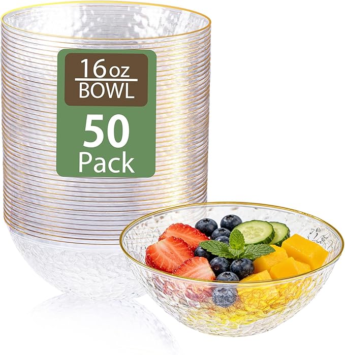 Tinybee 50 Pack Clear Plastic Bowls - Clear Disposable Bowls for Party with Gold Rim, 16-20oz Premium Hammered Bowls Disposable Heavy Duty, Plastic Salad Bowls for Milk Cereals, Snacks, Salads