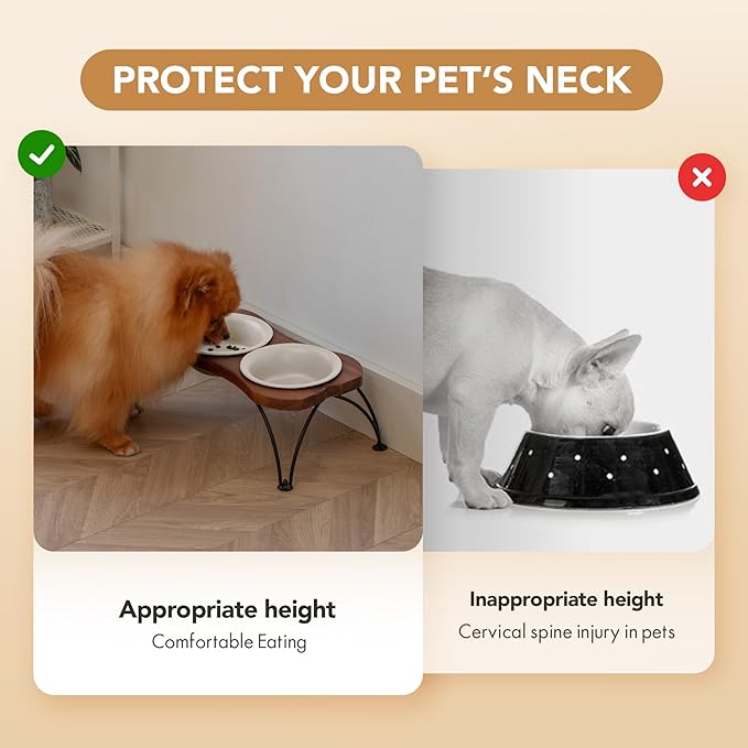 Ceramic 6.3-inch Raised Double-Bowl Set with Non-Slip Stand, 1.5 Cup Food or 15 oz Water Dishes for Small Dogs, Wide Opening with Rounded Edges(Matt White)