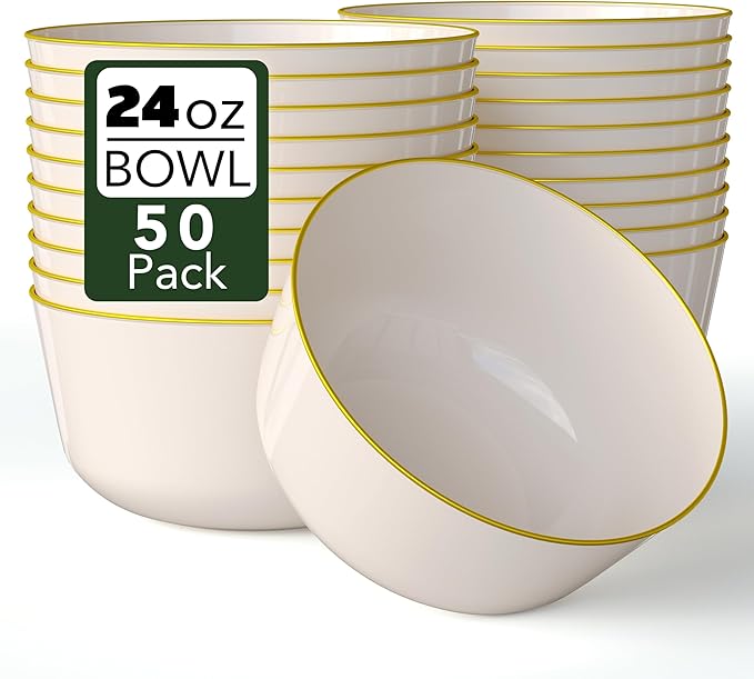 Trendables Plastic Bowls Disposable Bowls 24 Oz Bowl Set Of 50 Ivory Gold Rimmed Fancy Plastic Serving Bowls Perfect Plastic Ice Cream Bowls Plastic Salad Bowls Plastic Candy Bowl