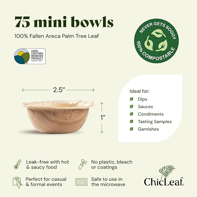 Chic Leaf Palm Leaf Bowls for Rabbits & Small Pets (2.5'', Round, Pack of 75) - Mini Disposable, Compostable, Edible & Chewable Palm Bowls for Bunnies, Hamsters, Guinea Pigs, Chinchillas, Rabbit Toys