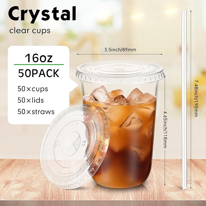 50 Sets Clear Plastic Cups with Lids and Straws, Disposable Iced Coffee Cups Drinking PET for Cold Drinks, Juice, Smoothie, Coffee Shops, Party, Christmas(Clear,16 oz)