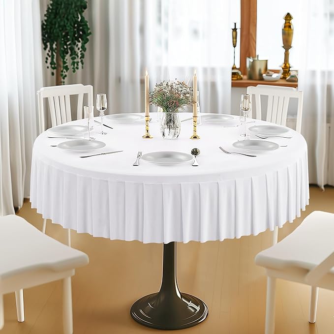 1 Pack White Spandex Round Tablecloths for 72in Tables, Stretchy Fitted 6FT Round Table Cloths, Wrinkle Free Table Cloth with Skirt for Wedding Birthday Party Bridal Shower Banquet Baby Shower