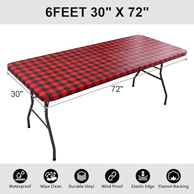 Smiry Rectangle Picnic Table Cloth, Elastic Waterproof Fitted Vinyl Tablecloths, Flannel Backed Buffalo Plaid Table Covers for Dining, Camping, Outdoor (Black and Red, 30" x 72")