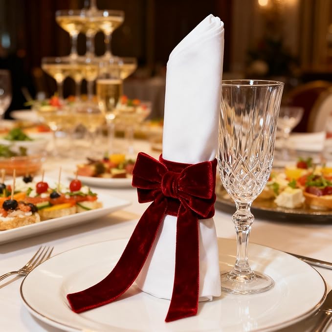 Bow Napkin Rings Set of 6 Luxury Soft Burgundy Velvet Napkin Holders, Elegant Bow Design for Christmas Holiday Dinner Wedding Party Table Decor