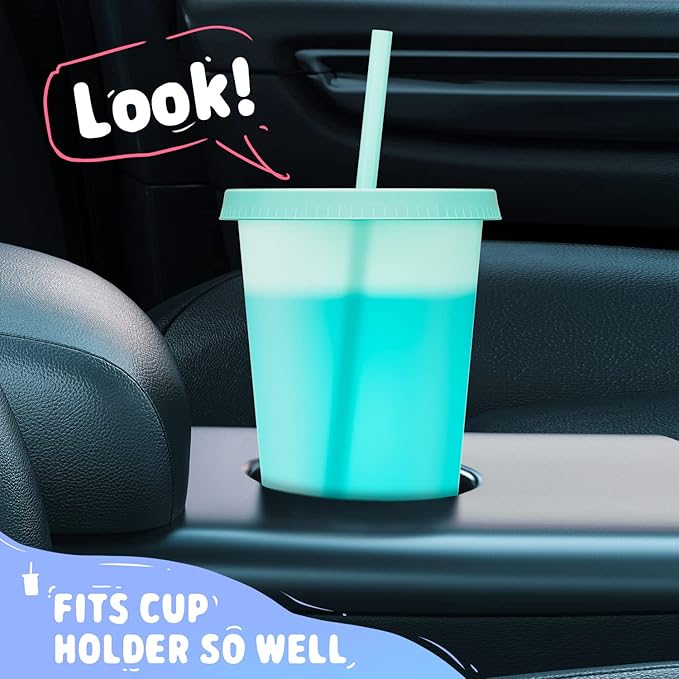 Meoky Plastic Cups with Lids and Straws Bulk - 6 Pack 24 oz Color Changing Reusable Cups with Lids and Straws for Adults Kid Women Party, Cute Cold Tumblers for Iced Coffee