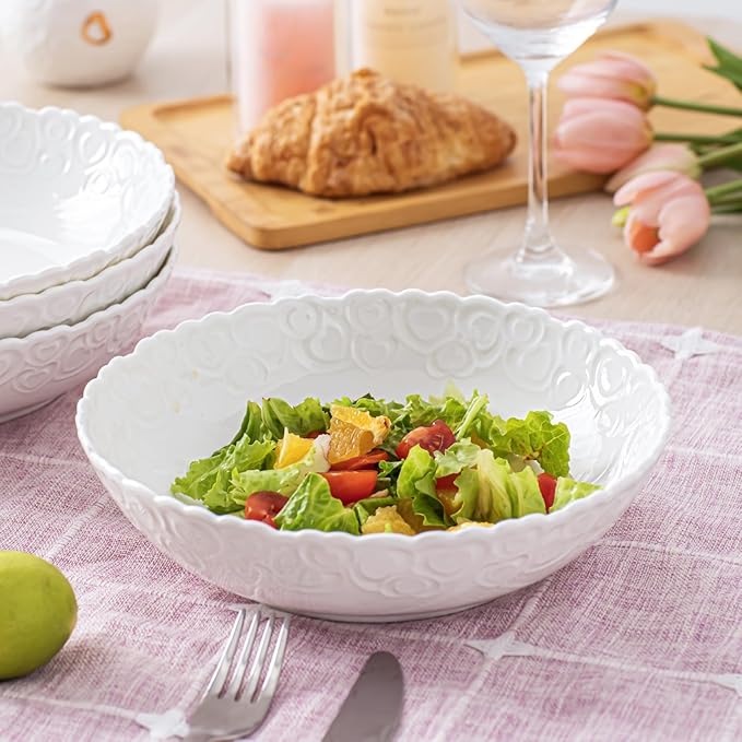 HOMBENE Heartbeat Pasta Bowls Set of 4, 28oz Salad Bowls Soup Bowl for Kitchen, Porcelain Wide and Shallow, Noodle, Soup, Pasta,Dinner, Microwave & Dishwasher Safe (White)