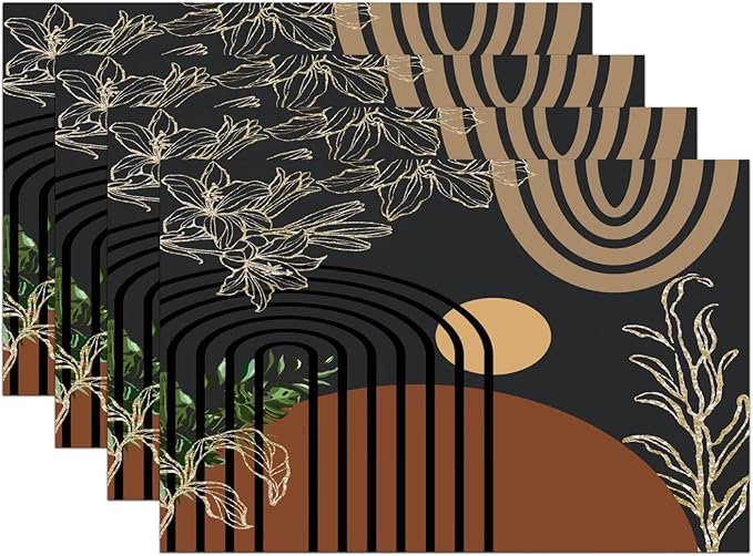 Abstract Black Mid Century Placemats Minimalist Aesthetic Modern Contemporary Artistic Washable Place Mats 12x18Inch for Dining Kitchen Farmhouse Decor 4 PCS