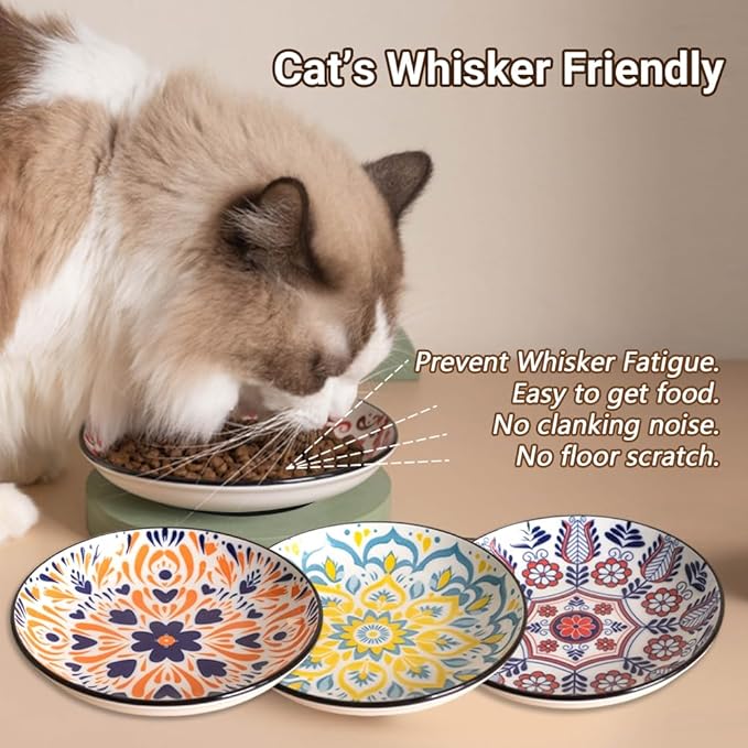 Non-Slip Cat Bowls, Ceramic Wide Pet Food Bowl Set for Relief Whisker Fatigue, 3 Pack Colorful Kitten Feeding Dishes Plates with Anti-Slip Silicone Base-Microwave and Dishwasher Safe, 8.5 oz