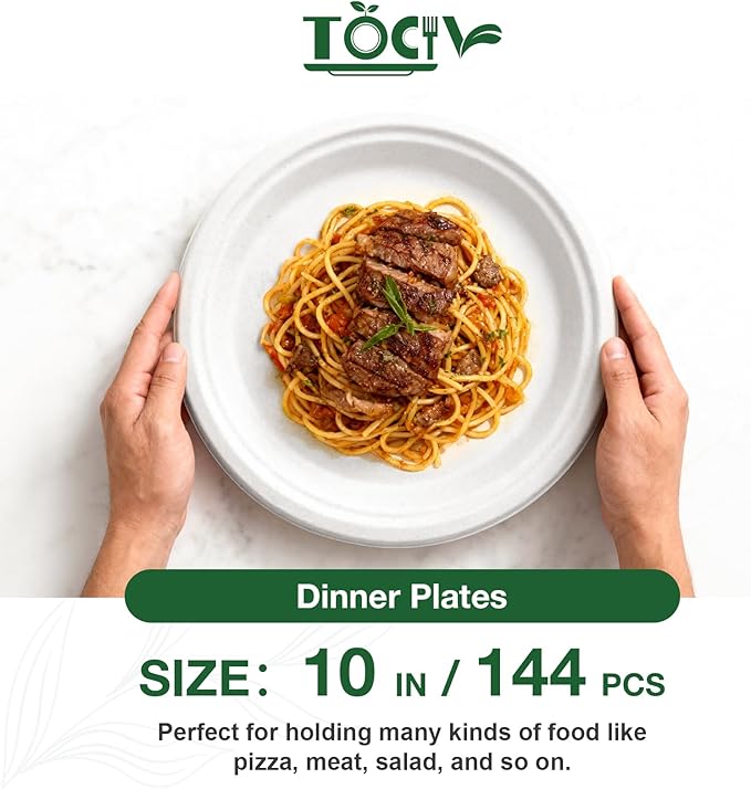 Compostable Paper Plates 10 inch 144 Count Disposable Heavy Duty Large Party Plates Bulk for Dinner Appetizer Dessert Cake Birthday Holiday Party Supplies White