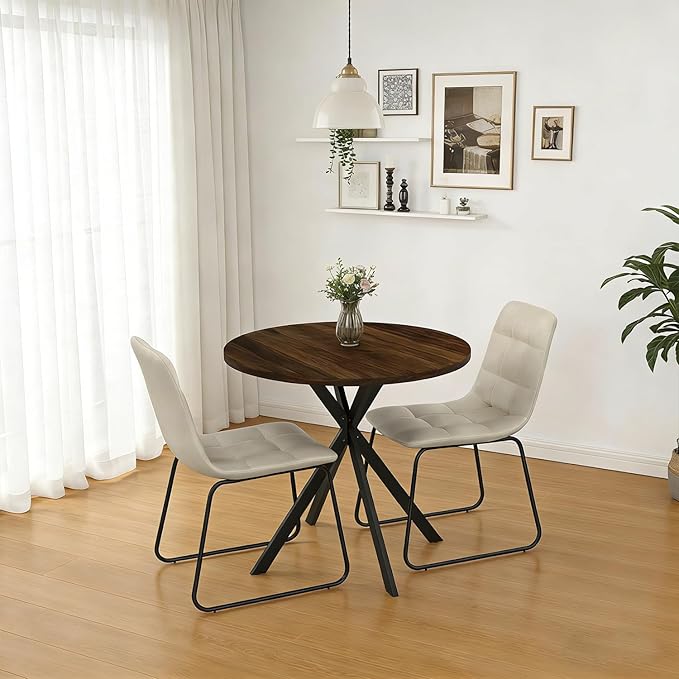 31.5" Round Dining Table Chairs Set for 2, Small Dining Table Chairs Set Space-Saving, Small Dinette Sets for 2 for Kitchen Dining Room Apartment(Walnut Table + Beige Chairs)