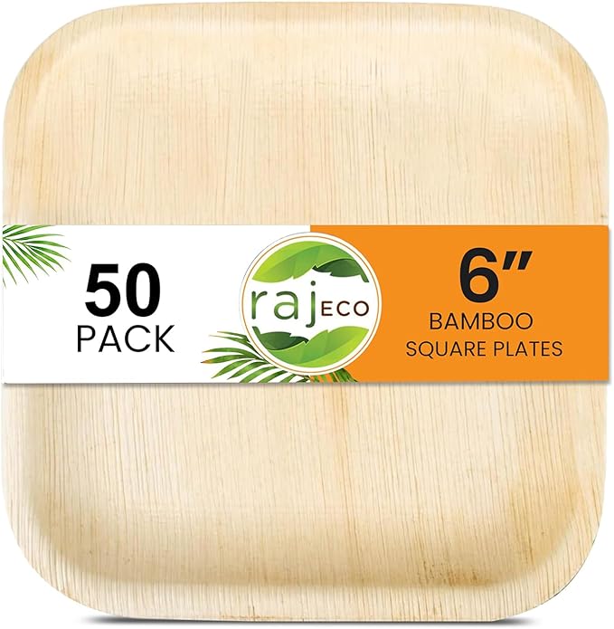 Raj Eco Compostable Palm Leaf Plates Like Bamboo Plates Disposable - 6 Inch Square 50 Party Plate, Natural Wooden, Eco-Friendly, Fancy Biodegradable & Disposable Dessert Appetizer Plate