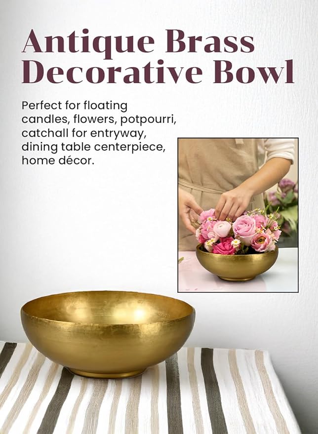 Serene Spaces Living Set of 4 Antique Brass Decorative Bowl, Metal Basket, for Floating Candles, Flowers, Potpourri, Catchall for Entryway, Centerpiece, Home Décor, 4.75" Tall & 12" Dia