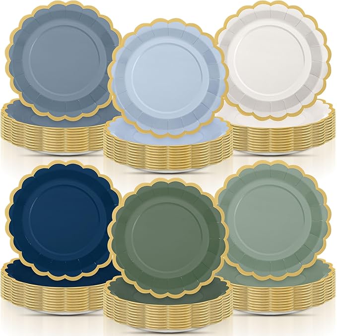 96 Pcs Dusty Blue Sage Green Paper Plates 9 Inch Green Blue Scalloped Paper Disposable Dinner Dessert Plates for Birthday Wedding Bridal Party Supplies, 6 Colors