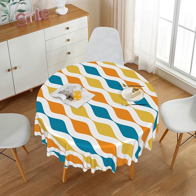 Laeacco 70 Inch Geometric Round Tablecloth Blue and Orange Waved Stripes Modern Abstract Art Print Table Cloth Washable Waterproof Wrinkle Free Table Cover for Kitchen Dining Picnic Party Decoration
