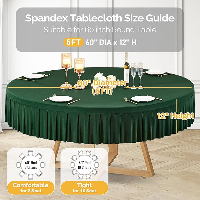 8 Pack Hunter Green Spandex Round Tablecloths for 60 inch Tables, Stretchy Fitted 5FT Round Table Cloths with Skirt for Wedding Party Dining Banquet