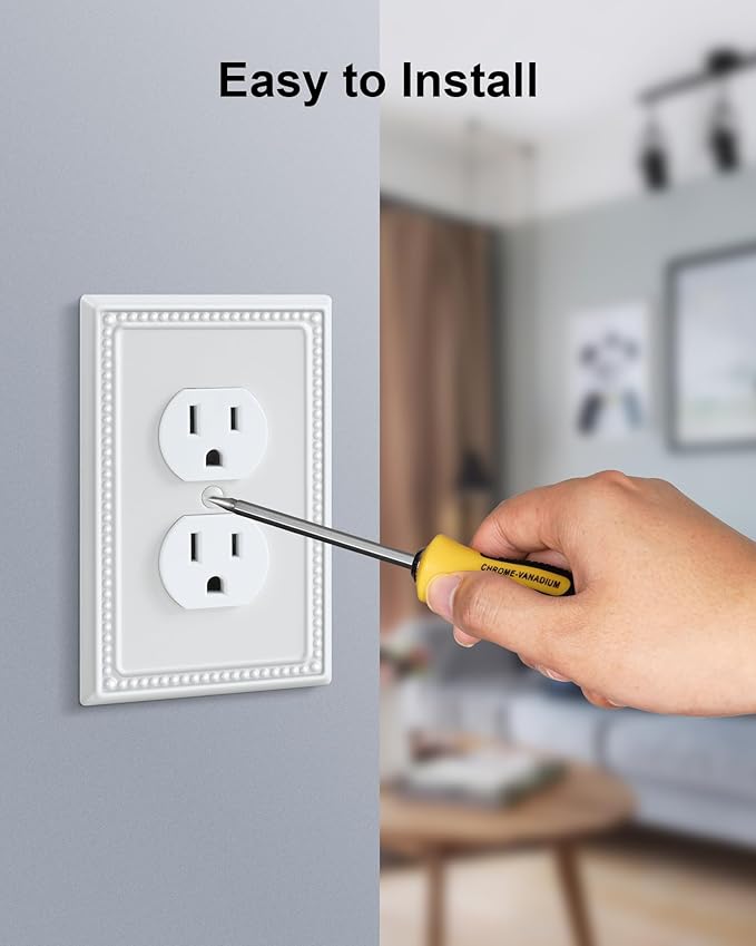 2-Pack Duplex Outlet Cover Plate, Pure White Metal Wall Plates for Electrical Outlets, 1 Gang Receptacle Light Switch Cover, Pearls Decorative Switch Plates and Outlet Covers