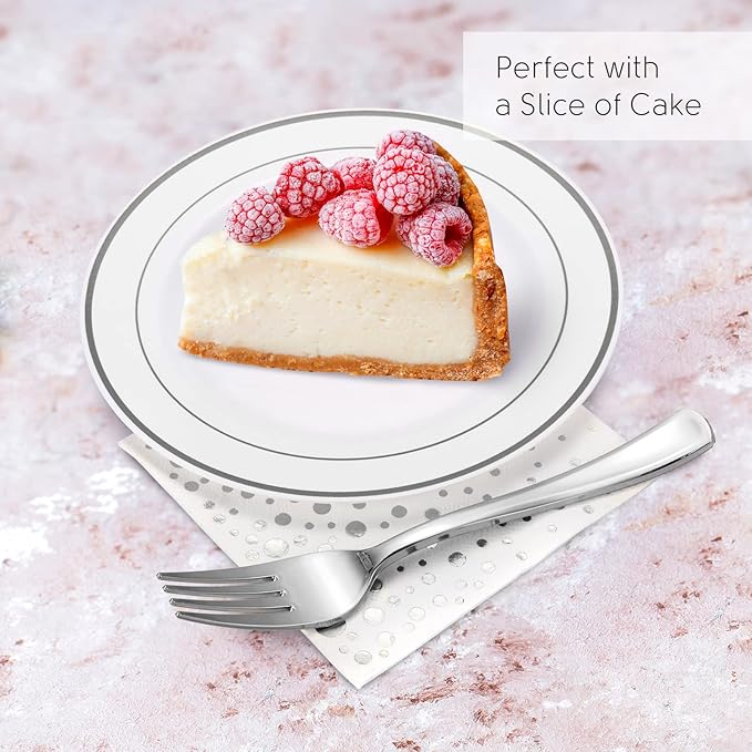 Stylish 7.5 Inch Silver Cake Plates with Disposable Forks and Cocktail Napkins (100 Set) - Small Appetizer Plates - Silver Plastic Dessert Plates - Plastic Cake Plates for Wedding Reception