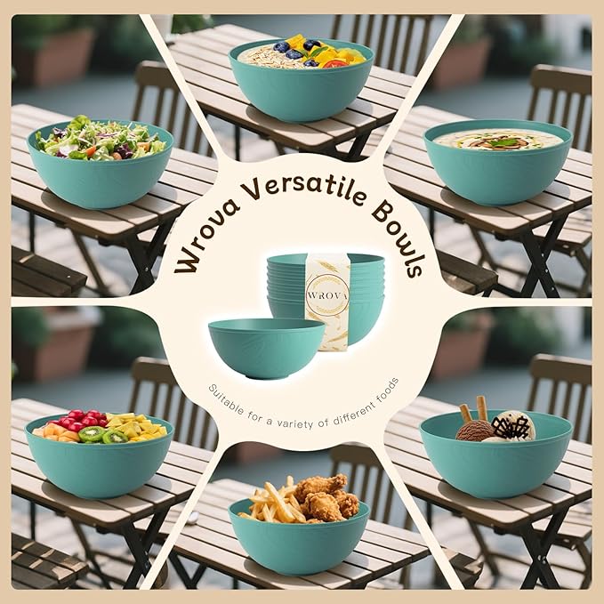 Wrova Wheat Straw Bowls for Kitchen set of 6,Anti-Scald Thick Soup Bowls 40oz,Microwave and Dishwasher Safe Bowl set easy to clean. Green